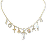 107628, BOW CROSS HEART STARFISH FLOWER HORSESHOE DAINTY MULTI CHARM NECKLACE