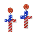 108332, AMERICAN FLAG CROSS GLITTER ACRYLIC DANGLE EARRING
