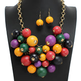 107351, CHUNKY WOOD BALL CLUSTER NECKLACE