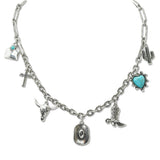 108545, WESTERN THEMED COWBOY HAT STEER HEAD CROSS BOOTS HEART CACTUS MULTI CHARM NECKLACE