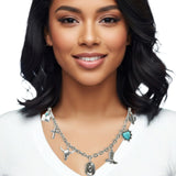 108545, WESTERN THEMED COWBOY HAT STEER HEAD CROSS BOOTS HEART CACTUS MULTI CHARM NECKLACE