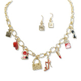 107448, HANDBAG HAT HIGH HEELS LIPSTICK ENAMEL MULTI CHARM NECKLACE