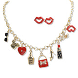 107446, HANDBAG LIPSTICK HEART HIGH HEEL ENAMEL MULTI CHARM NECKLACE