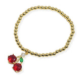 107568, CHERRY RHINESTONE CHARM STAINLESS STEEL BEADED STRETCH BRACELET