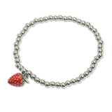 107574, DAINTY STRAWBERRY CHARM STAINLESS STEEL BEADED STRETCH BRACELET
