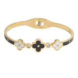 107378, TRIPLE CLOVER MOTHER OF PEARL ACCENT STAINLESS STEEL OPEN BANGLE BRACELET