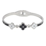107378, TRIPLE CLOVER MOTHER OF PEARL ACCENT STAINLESS STEEL OPEN BANGLE BRACELET