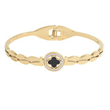 107380, ROUND CLOVER ACCENT STAINLESS STEEL OPEN BANGLE BRACELET