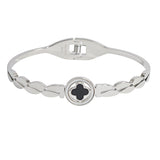 107380, ROUND CLOVER ACCENT STAINLESS STEEL OPEN BANGLE BRACELET