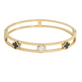 107377, CLOVER MOTHER OF PEARL ACCENT STAINLESS STEEL OPEN BANGLE BRACELET