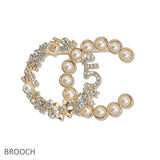 108348, DOUBLE C NUMBER 5 PERFUME BOTTLE ACCENT PEARL RHINESTONE BROOCH PIN