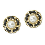 108501, PEARL ACCENT FAUX LEATHER TRIM STUD EARRING