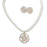 107449, PAVE ROSE FLOWER CHARM PEARL BEADED NECKLACE