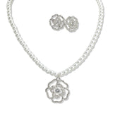 107449, PAVE ROSE FLOWER CHARM PEARL BEADED NECKLACE
