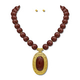 Vintage Oval Pendant Bead Necklace Set – Gold/Burgundy · NK10264BGD_TP NK10264BGD