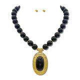 Vintage Oval Pendant Bead Necklace Set – Gold/Black · NK10264BK_TP NK10264BK
