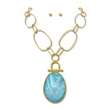 Oval Stone Pendant Chain Necklace Set – Worn Gold/Turquoise · NK10265TQM_TP NK10265TQM