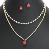 107910, TEARDROP CUBIC ZIRCONIA ACCENT CRYSTAL RHINESTONE PEARL 2 PIECE NECKLACE SET