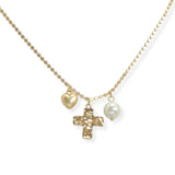 107212, HAMMERED CROSS HEART PEARL CHARM NECKLACE