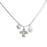 107212, HAMMERED CROSS HEART PEARL CHARM NECKLACE