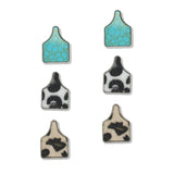 108063, WESTERN COW CATTLE TAG TURQUOISE LEOPARD PRINT 3 PAIR STUD EARRING SET