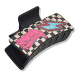 107393, WESTERN THEMED BOOTS LIGHTNING BOLT CHECKERED PRINT RECTANGULAR GRANDER HAIR CLAW