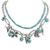 108134, WESTERN STEER HEAD BOOTS CACTUS TURQUOISE CHARM DOUBLE LAYERED NECKLACE