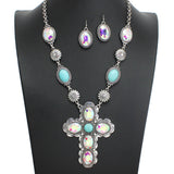 107890, WESTERN CROSS RHINESTONE TURQUOISE STONE NECKLACE