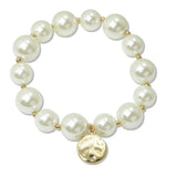 108624, HAMMERED ROUND CHARM PEARL BEADED STRETCH BRACELET