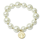 108624, HAMMERED ROUND CHARM PEARL BEADED STRETCH BRACELET